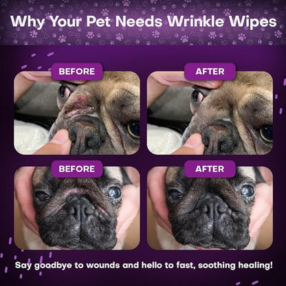 Wrinkle Wipes for Dogs | 3X Larger Dog Face Wipes for French Bulldog and Pug - Cleanse Skin Folds, Tear Stains, Tail Pockets | Anti-Itch, Soothing, &amp; Hypoallergenic with Coconut Oil | 50 Count