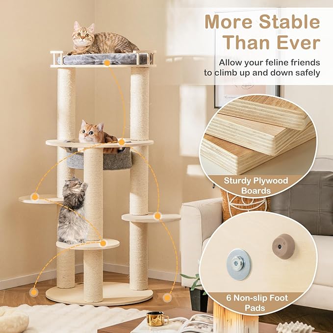 Tangkula Wood Cat Tree, 59 Inch Multi-Level Cat Tower with Top Padded Perch, Hammock, 3 Platforms &amp; Sisal Scratching Posts, Large Modern Cat Tree Tower for Indoor Cats Kittens (59 Inch)
