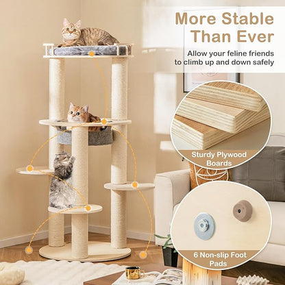 Tangkula Wood Cat Tree, 59 Inch Multi-Level Cat Tower with Top Padded Perch, Hammock, 3 Platforms &amp; Sisal Scratching Posts, Large Modern Cat Tree Tower for Indoor Cats Kittens (59 Inch)