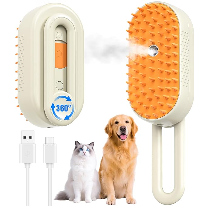 Cat Steam Brush for Shedding, Pet Steam Brush for Cats and Dog, 4 in 1 Rechargeable Cat Hair Brush, Spray Anti-Static, Massage, Cleaning, Shedding &amp; Combing All In One, for Long &amp; Short Haired Pets!