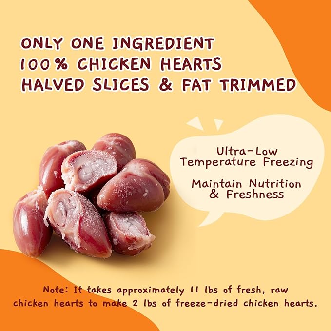 Jungle Calling Cat Treats &amp; Dog Snacks, Freeze Dried Chicken Hearts Halves for Cats &amp; Dogs, Single Ingredient Organ Meat, High Protein Pet Training Treats &amp; Food Topper, 7.76 oz
