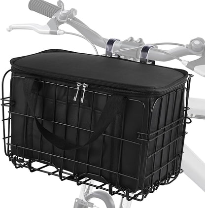 Aodaer Bike Basket with Removable Liner Bag Cargo Net Large Folding Bike Basket Quick Release Metal Ebike Basket Bicycle Storage Basket for Carrying Fruit &amp; Grocery Pets Dogs