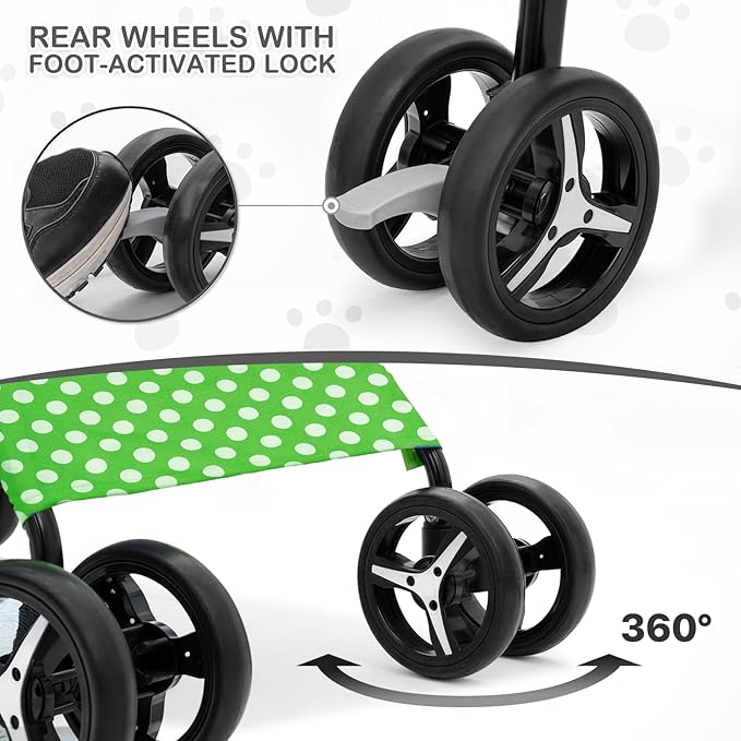 MoNiBloom 4 Wheels Pet Stroller, Easy-Fold Umbrella Shaped Dog Cat Jogger Stroller w/Storage Bag &amp; Visible Mesh for Small/Medium Dogs Cats Lawn Green Polka Dots
