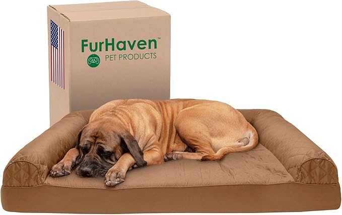 Furhaven Cooling Gel Dog Bed for Large Dogs w/ Removable Bolsters &amp; Washable Cover, For Dogs Up to 125 lbs - Quilted Sofa - Toasted Brown, Jumbo Plus/XXL