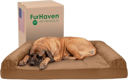 Furhaven Cooling Gel Dog Bed for Large Dogs w/ Removable Bolsters &amp; Washable Cover, For Dogs Up to 125 lbs - Quilted Sofa - Toasted Brown, Jumbo Plus/XXL