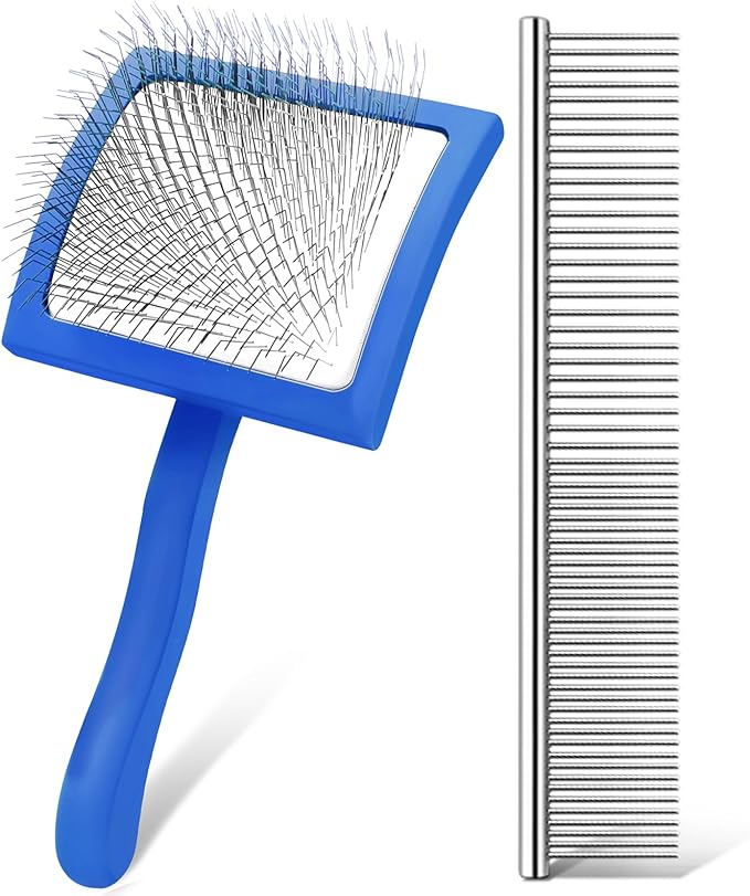 Slicker Brush for Dogs, Long Pin Dog Grooming Brush for Goldendoodles, Poodles, Doodles &amp; More, Includes Bonus Pet Comb, Perfect for De-Shedding, Dematting &amp; Reducing Tangles. Large, Blue