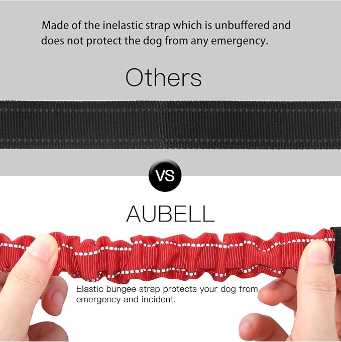 AUBELL Dog Seat Belt for Car,2 Pack Set 3-in-1 Adjustable Reflective Bungee Heavy Duty Dog Car Harness Tether with Clip Hook Latch &amp; Buckle,Swivel Zinc Alloy Carabiner,Black+Red