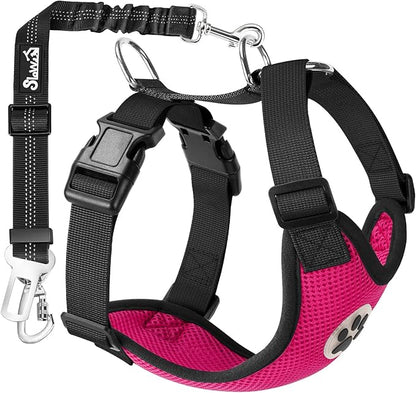 SlowTon Dog Seat Belt Harness for Car, Dog Car Harness Adjustable Mesh Breathable &amp; Dog Seatbelt Safety Tether with Elastic Bungee for Small Medium Large Pets(Fuchsia, Double Clip, M)