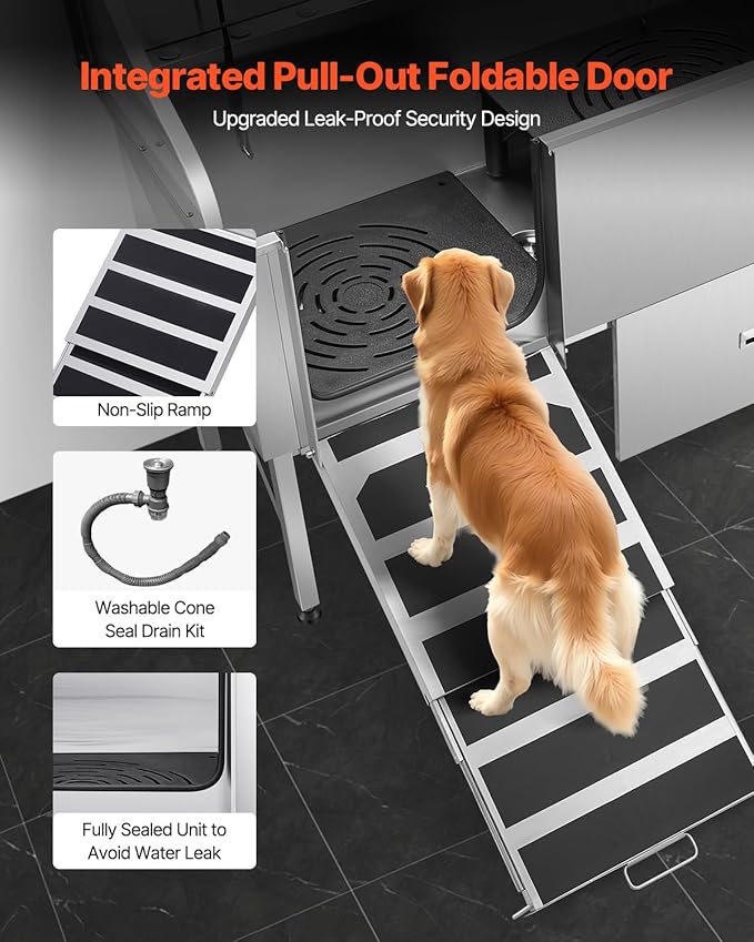 VEVOR Professional 304 Stainless Steel Dog Bathing Station, 61 inch Pet Grooming Tub w/Anti-Slip ramp, Storage Drawer, Cold Hot Faucet Showerhead, for Large &amp; Medium &amp; Small (Left Door, with Drawer)
