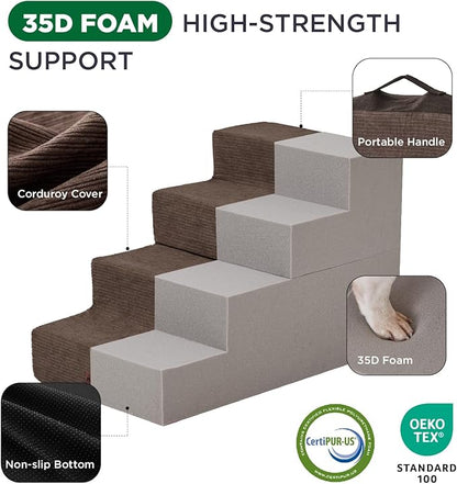 Made4Pets Dog Stairs for High Bed, Extra Wide Pet Stairs for Bed Couch Sofa, 35D Foam Pet Steps for Small Dogs and Cats, Non-Slip Bottom Dog Steps, Brown, 5 Steps