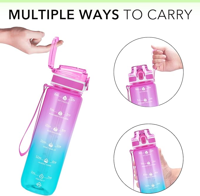 32oz Motivational Water Bottles with Time Marker &amp; Fruit Strainer, Transparent Gradient Color Water Bottle with Times to Drink, Leakproof &amp; BPA Free, Reusable Bottle with Strap (No Straw)