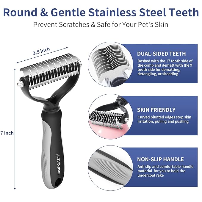 5 in 1 Dog Grooming Kit - Self-Cleaning Slicker Brush for Shedding Short Long Haired Dogs &amp; Cats, Includes Pet Comb, Flea Comb, Bath Brush, Undercoat Rake - Complete Fur Care Set - Gray