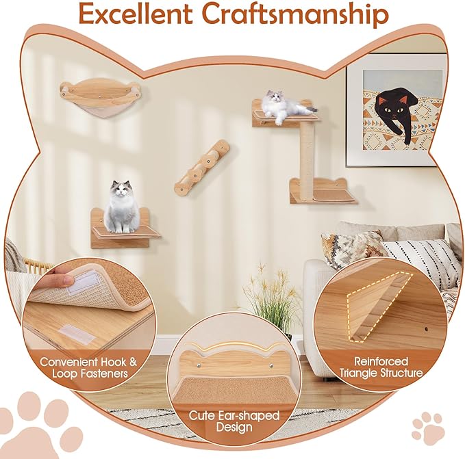 Tangkula Cat Wall Shelves, Wall Mounted 4pcs Kitten Furniture Set with Hammock, 2-Step Kitty Tree, Perch, Non-Slip Carpet Mat, Sisal Stairs &amp; Scratching Posts, Wooden Cat Climber Steps (Natural)