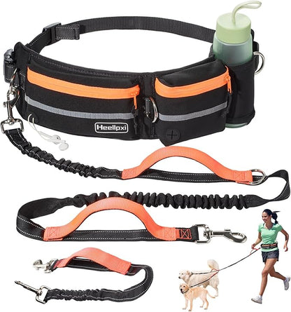 Hands-Free Waist Leash with Pouch for Two Dogs: Reflective Stitching, Dual Handle &amp; Bungee Retractable Design – Ideal for Medium to Large Dogs (Orange) – Dog Walking Accessories