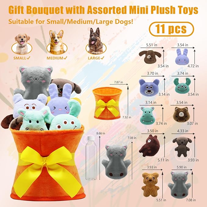 Squeaky Dog Toys, 11 Pcs Interactive Dog Plush Toy Collection in Flower Bouquet Packaging,10 Adorable Animal Plushies for Endless Play &amp; Training