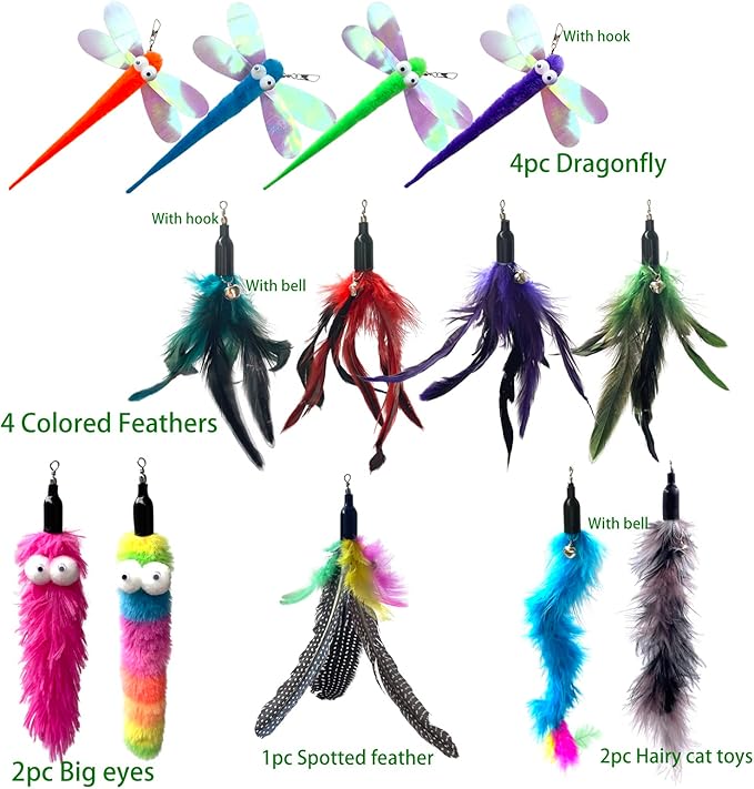 Cat Worm &amp; Dragonfly Teaser Wand Attachments - 13 Pcs Assorted Refills with Bell