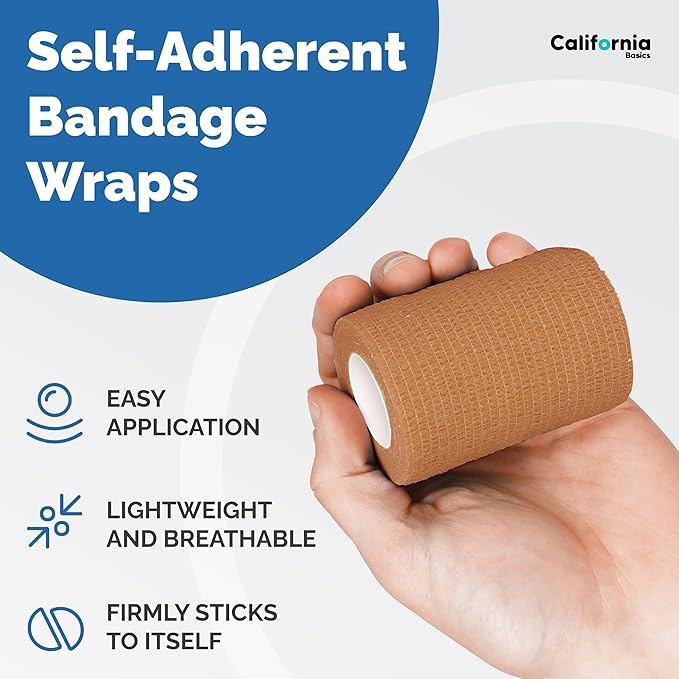 California Basics - 8 Pack - Self Adhesive Bandage Wraps - 3 Inch by 5 Yards Non Woven Self Adhesive Bandage Wrap, Brown Athletic Tape for Wrist, Hand &amp; Ankle Wrap, Premium-Grade Medical Bandage Tape