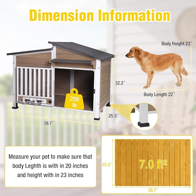 Chew-Resistant Dog House with Metal Frame, Wooden Kennel for Indoor &amp; Outdoor Use, Waterproof Roof &amp; Feeding Bowls Included (Brown, L)