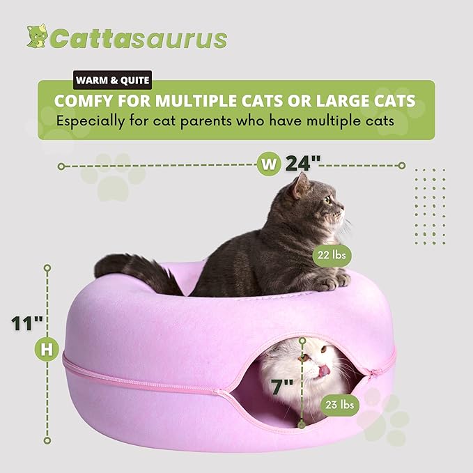 Cattasaurus Peekaboo Cat Cave for Multiple &amp; Large Cats Up to 30-45 Lbs, Scratch Detachable &amp; Washable Tunnel Bed, Comfy Donut Cat Cave (Pink, Large)