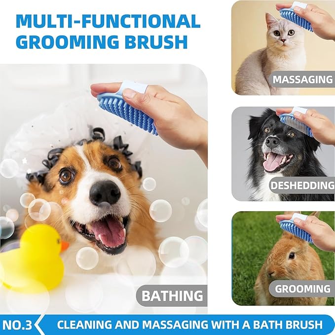 Bath Grooming Kit with Hair Brush, Towel &amp; Scrubber Gloves - 6-in-1 Slicker Brush for Shedding Dogs &amp; Cats, Blue