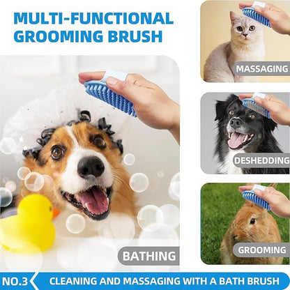 Bath Grooming Kit with Hair Brush, Towel &amp; Scrubber Gloves - 6-in-1 Slicker Brush for Shedding Dogs &amp; Cats, Blue