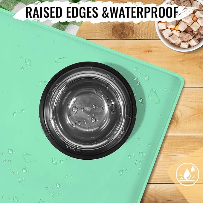 MateeyLife Dog &amp; Cat Food Mat - Waterproof, Nonslip, Raised Edges, Silicone Tray for Messy Drinkers, 24"x16", Mint Green