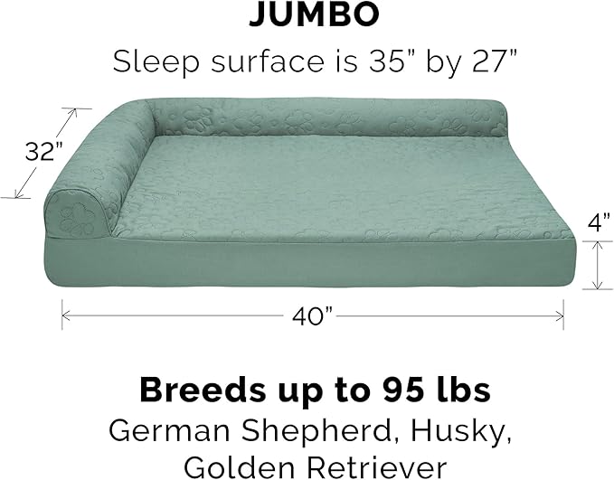 Furhaven Cooling Gel Dog Bed for Large Dogs w/ Removable Bolsters &amp; Washable Cover, For Dogs Up to 95 lbs - Pinsonic Quilted Paw L Shaped Chaise - Iceberg Green, Jumbo/XL