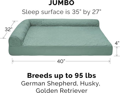 Furhaven Cooling Gel Dog Bed for Large Dogs w/ Removable Bolsters &amp; Washable Cover, For Dogs Up to 95 lbs - Pinsonic Quilted Paw L Shaped Chaise - Iceberg Green, Jumbo/XL
