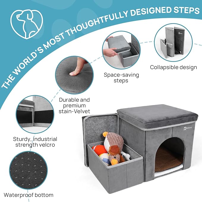 Foldable Pet Stairs for Beds &amp; Sofas - Non-Slip Dog Steps with Storage for Small to Medium Dogs &amp; Cats, Supports up to 120 lbs - Durable 2 &amp; 3-Step Doggie Ladder for Easy Access