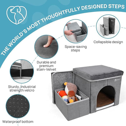 Foldable Pet Stairs for Beds &amp; Sofas - Non-Slip Dog Steps with Storage for Small to Medium Dogs &amp; Cats, Supports up to 120 lbs - Durable 2 &amp; 3-Step Doggie Ladder for Easy Access
