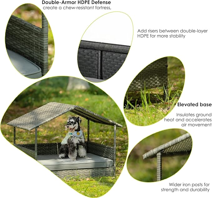 Wicker Dog House Outdoor Indoor with Canopy, Elevated Dog Shelter &amp; Dog Bed with Light Gray Cushion, Water-Resistant Raised Pet House for Small Medium Dogs, Rattan Dog Cot for Deck, Patio, Yard, Pool
