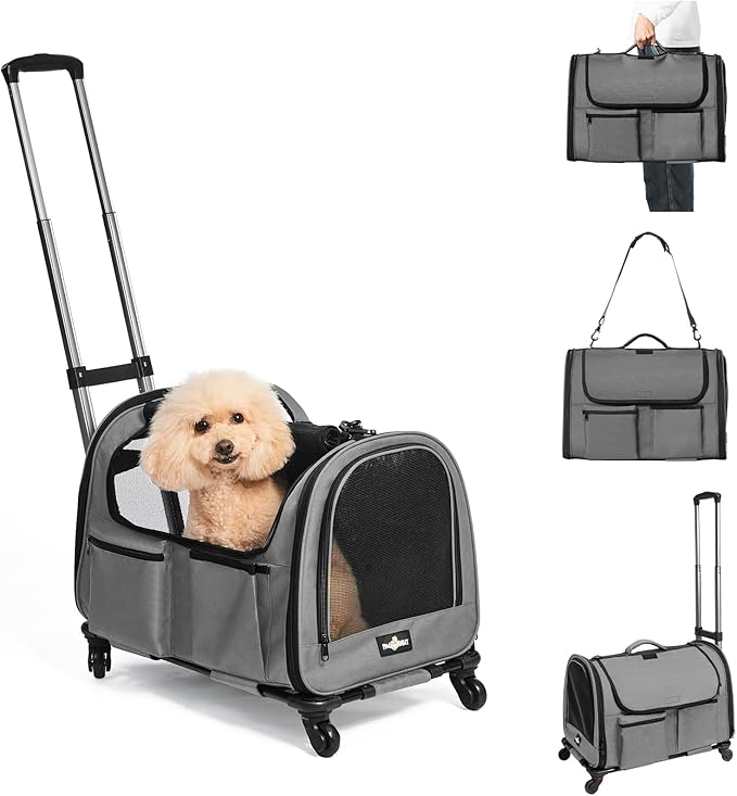 Large Pet Carrier with Wheels, Foldable Rolling Dog Carrier with Wheels and Big Pocket, Cat Rolling Bag 21"x13"x13" for 2 Cats &amp;Dogs, for Travel, Outdoor, Vet Visits, Camping, Indoor. Gray
