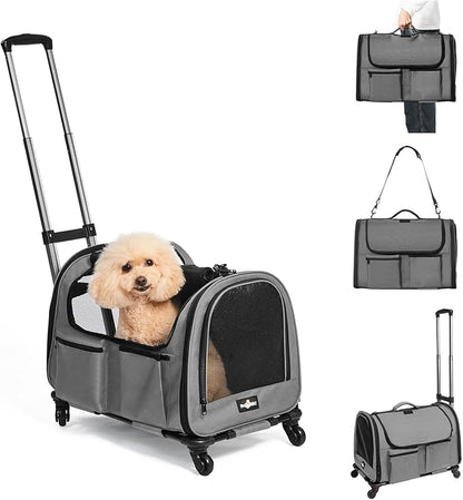 Large Pet Carrier with Wheels, Foldable Rolling Dog Carrier with Wheels and Big Pocket, Cat Rolling Bag 21"x13"x13" for 2 Cats &amp;Dogs, for Travel, Outdoor, Vet Visits, Camping, Indoor. Gray