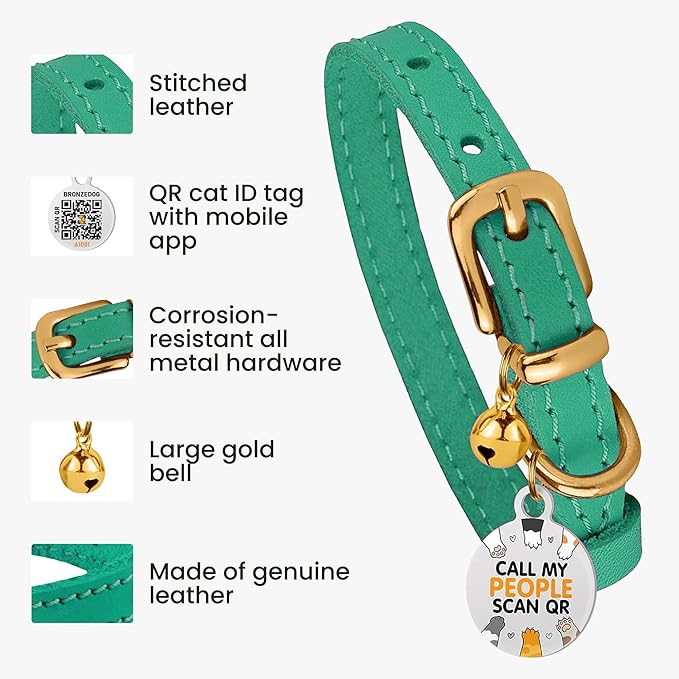 BRONZEDOG Leather Cat Collar with Removable Bells Non Breakaway Kitten QR Tag for Girl Boy (9" - 12" Cats/Mini Dogs, Green &amp; Gold)