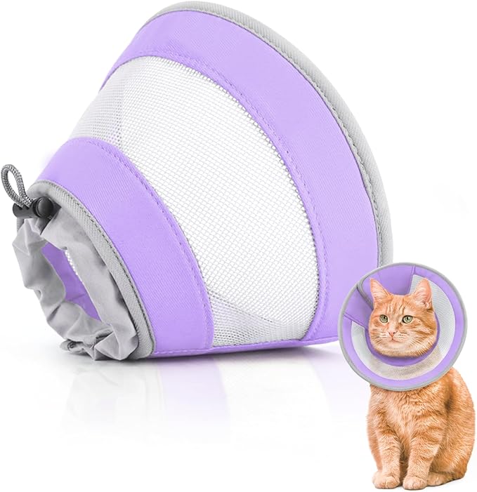 Breathable Air Mesh Cat Cone Collar Soft to Stop Licking, Adjustable, Foldable Lightweight Kitten Cones After Surgery Recovery for Cats &amp; Kittens (Purple, M)