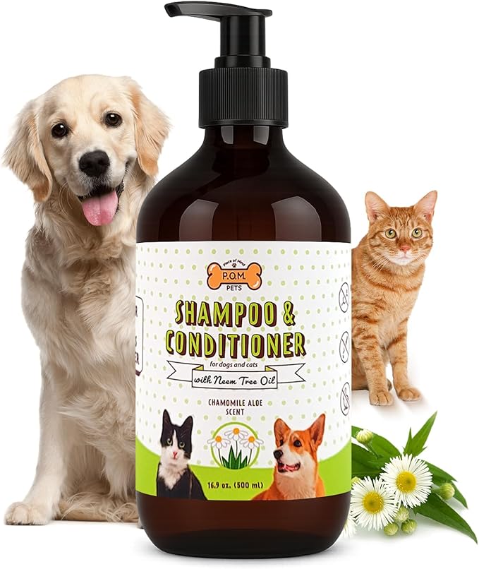 POM Pets 2-in-1 Organic Dog Shampoo &amp; Conditioner – Itchy Skin Relief, Dog Deshedding, Detangles Fur, Cat Shampoo, Paw Cleaner for Dogs, Natural Coat Defense Formula