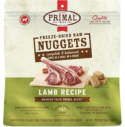 Primal Freeze Dried Raw Dog Food Nuggets, Lamb, Complete &amp; Balanced Meal, Also Use as Topper or Treat, Premium, Healthy, Grain Free, High Protein Raw Dog Food, 14 oz
