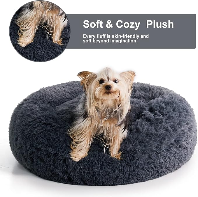 WNPETHOME Calming Dog &amp; Cat Bed, Anti-Anxiety Donut Bed, Fluffy Faux Fur Cushion for Small Dogs and Cats (24 x 24 x 8 Inch, Navy Grey)