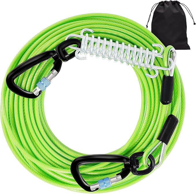 Snagle Paw Dog Tie Out Cable 15FT,Heavy Duty Dog Leads for Yard with Shock Absorbing Spring &amp; Swivel Hook,Leash Cable for Outdoor Camping,Dog Line for Small Large Dogs,withstand 1000LBS Break Strength