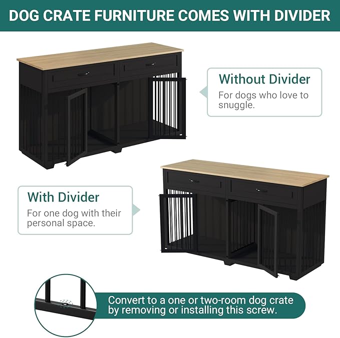 Large Dog Crate with Double Rooms, 72" Heavy Duty Wooden Dog Cage Furniutre Dog Crate Kennel w/Drawers &amp; Removable Divider,Indoor Luxury Dog House for Large Dogs,Black