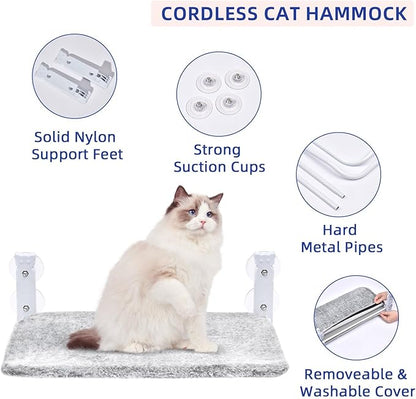 pettycare Cat Window Perch, Cordless Cat Window Hammock Bed with 4 Strong Suction Cups, Foldable Kitten Balcony Seat for Inside Hold Up to 40lbs, Solid Metal Frame and Soft Reversible 2 Fabrics Cover