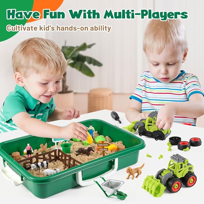 FRUSE Play Sand Farm Toys,Sensory Bins for Toddlers with 2.2lbs Sensory Play Sand,Farm Figures &amp; Tractor Playset,Sandbox Toys for Kids 3 4 5 6 7