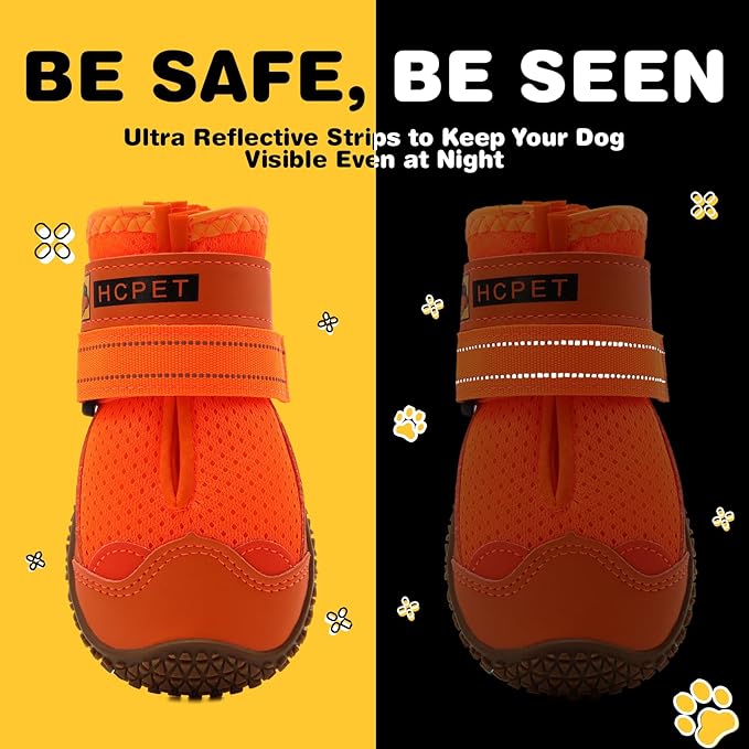 Hcpet Dog Shoes for Large Dogs, Breathable Dog Booties for Small Medium Dogs, Anti-Slip Dog Boots &amp; Paw Protectors for Hot Pavement Winter Snow Hiking with Reflective Straps Orange Size 2
