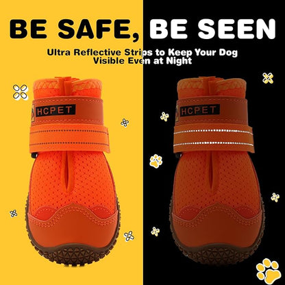 Hcpet Dog Shoes for Large Dogs, Breathable Dog Booties for Small Medium Dogs, Anti-Slip Dog Boots &amp; Paw Protectors for Hot Pavement Winter Snow Hiking with Reflective Straps Orange Size 2
