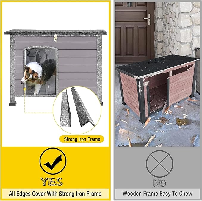 Aivituvin Dog House Outdoor Indoor Weatherproof Dog House for Small &amp; Medium &amp; Large Dogs with Unique All-Around Iron Frame＆Raised Feet（Grey）