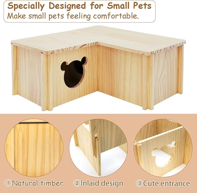 Fhiny Wooden Hamster House, Multi-Chamber Hamster Hideout &amp; Tunnel Detachable Activity Room Exploring Toys Rats Habitat Decor for Dwarf Hamsters Gerbils Mice Lemmings (Small)