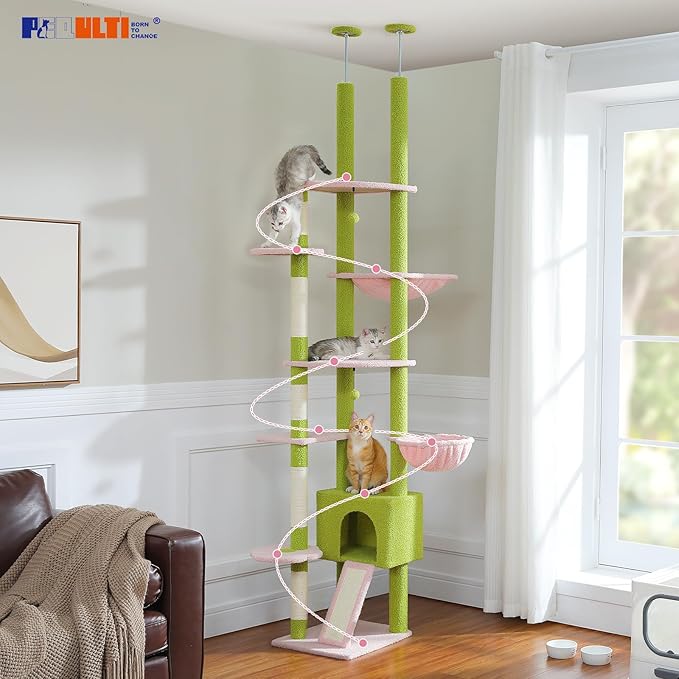 PEQULTI Tall Cat Tree Floor to Ceiling Cat Tower Adjustable Height (90.5&