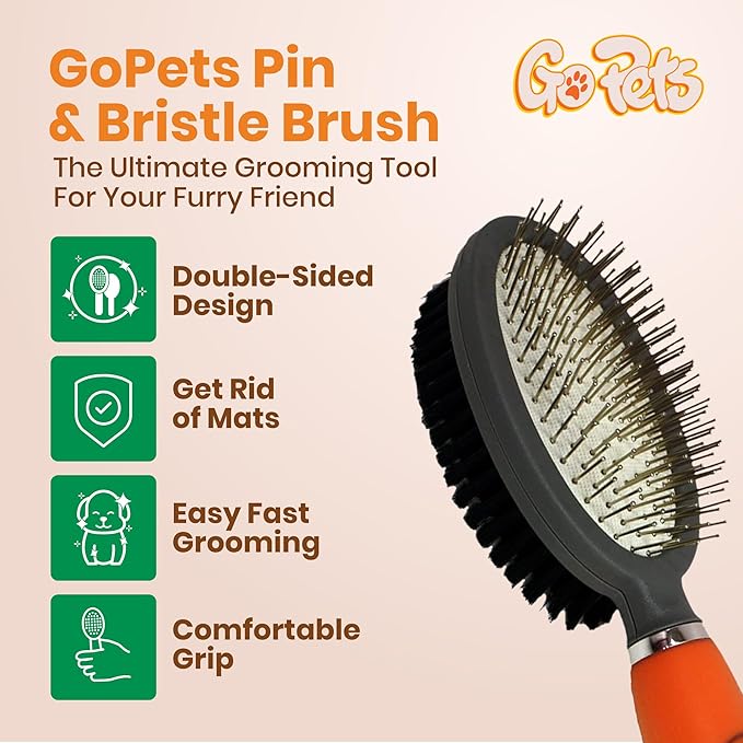 GoPets Double-Sided Pin &amp; Bristle Brush, Dog &amp; Cat Grooming Brush for Detangling, Shedding Control, Fur &amp; Dirt Removal, Smooth &amp; Efficient Pet Grooming for Healthy Coat, Comfortable Ergonomic Handle