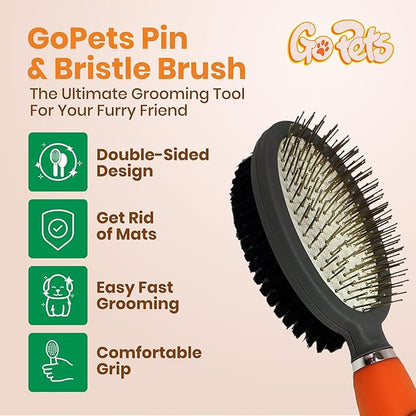 GoPets Double-Sided Pin &amp; Bristle Brush, Dog &amp; Cat Grooming Brush for Detangling, Shedding Control, Fur &amp; Dirt Removal, Smooth &amp; Efficient Pet Grooming for Healthy Coat, Comfortable Ergonomic Handle