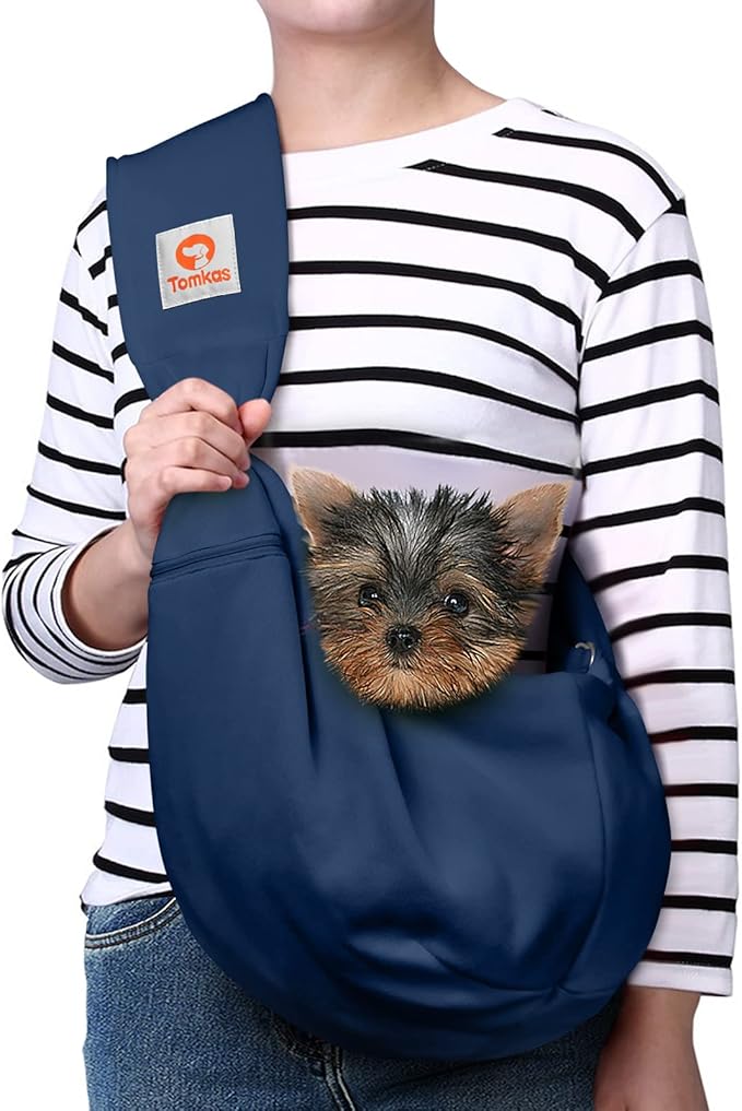 Tomkas Small Dog Sling Carrier - Zipper Pocket &amp; Adjustable Strap - for 3-10 lbs Pets(Dark Blue)